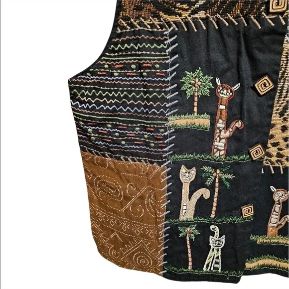 Life Style Patchwork Animal Print Embroidered‎ Vest Women's XL Bohemian Egyptian - Picture 2 of 9